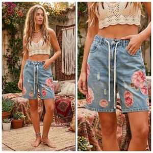 Boho Floral Patchwork Denim Bermuda Shorts